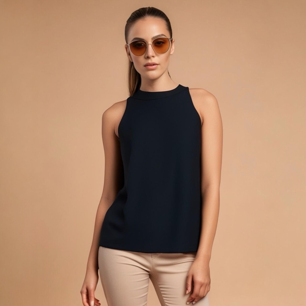 Vince Camuto Women's Black Ruched Back Sleeveless Tank Top S Keyhole Tunic EXC